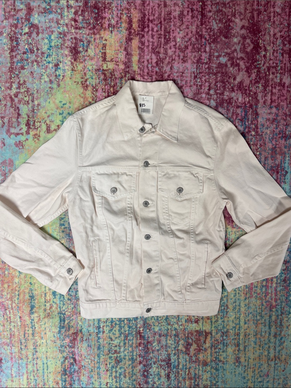 💙Brandy Melville Men's Cream Button-Up Denim Jacket